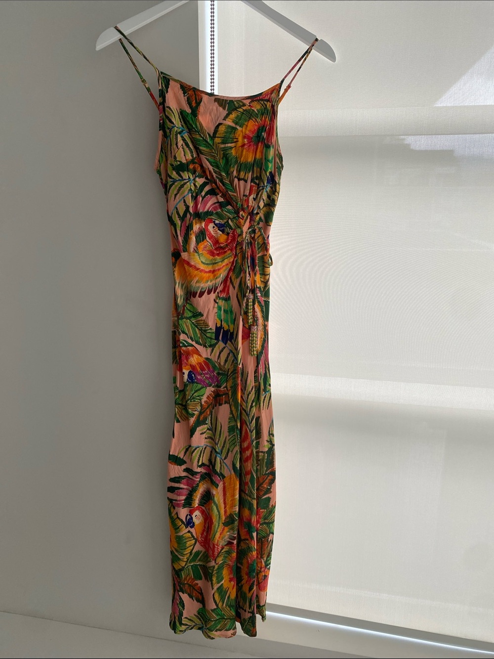 Farm Rio Macaw Leaves Midi Dress Soft Pink, green and orange Size Small